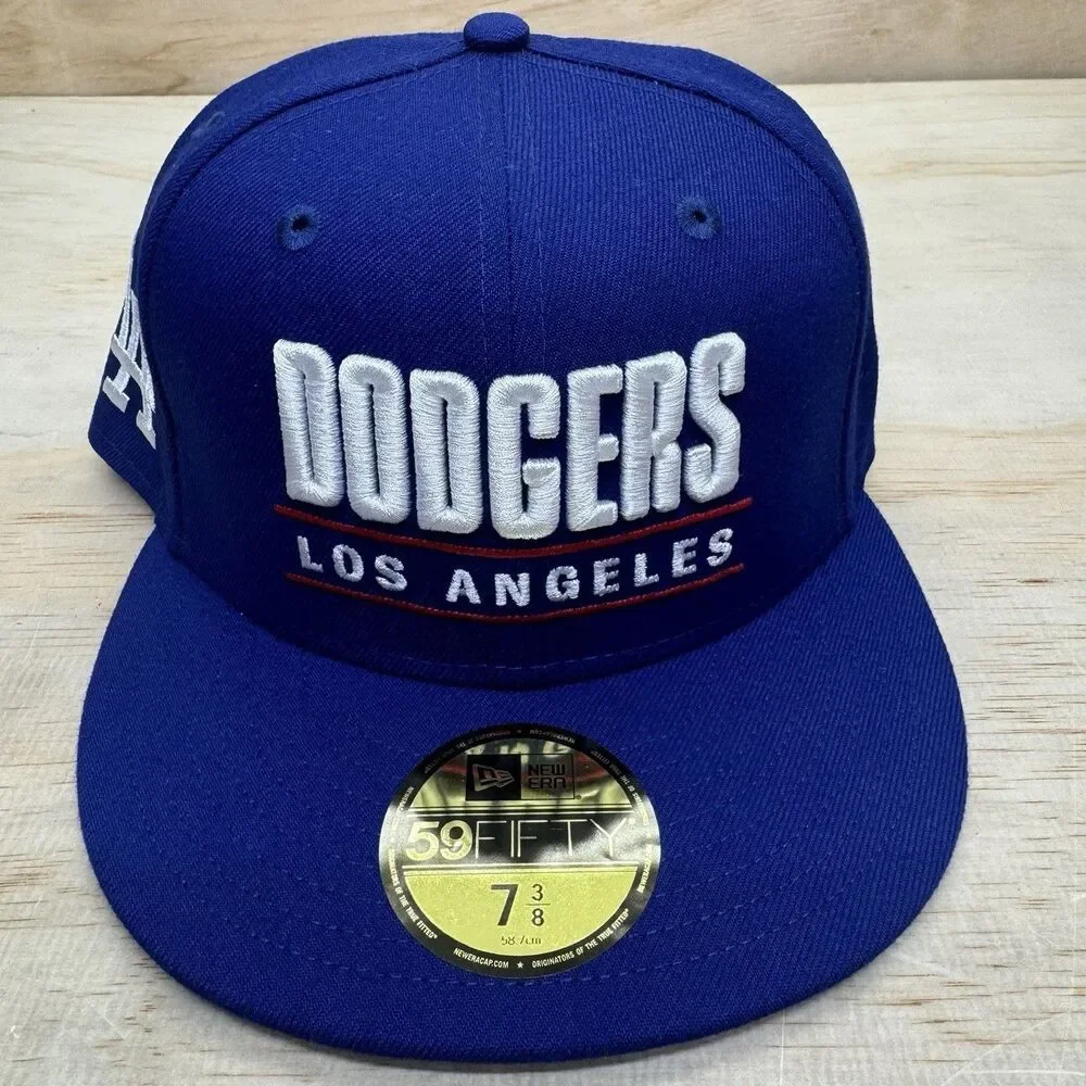 NEW Los Angeles Dodgers New Era 59Fifty Stacked Logo Fitted Cap Hat Blue 7 3/8
